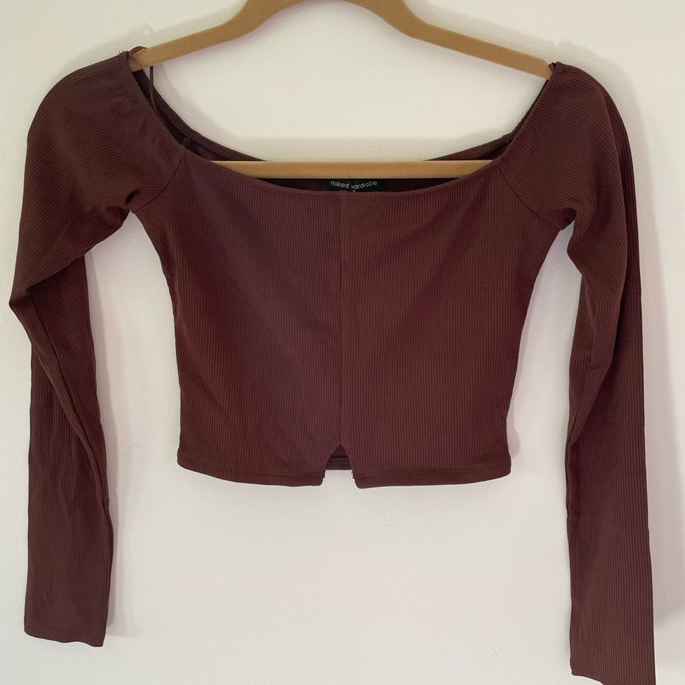 Naked wardrobe chocolate brown long sleeve cropped top medium new with out tags